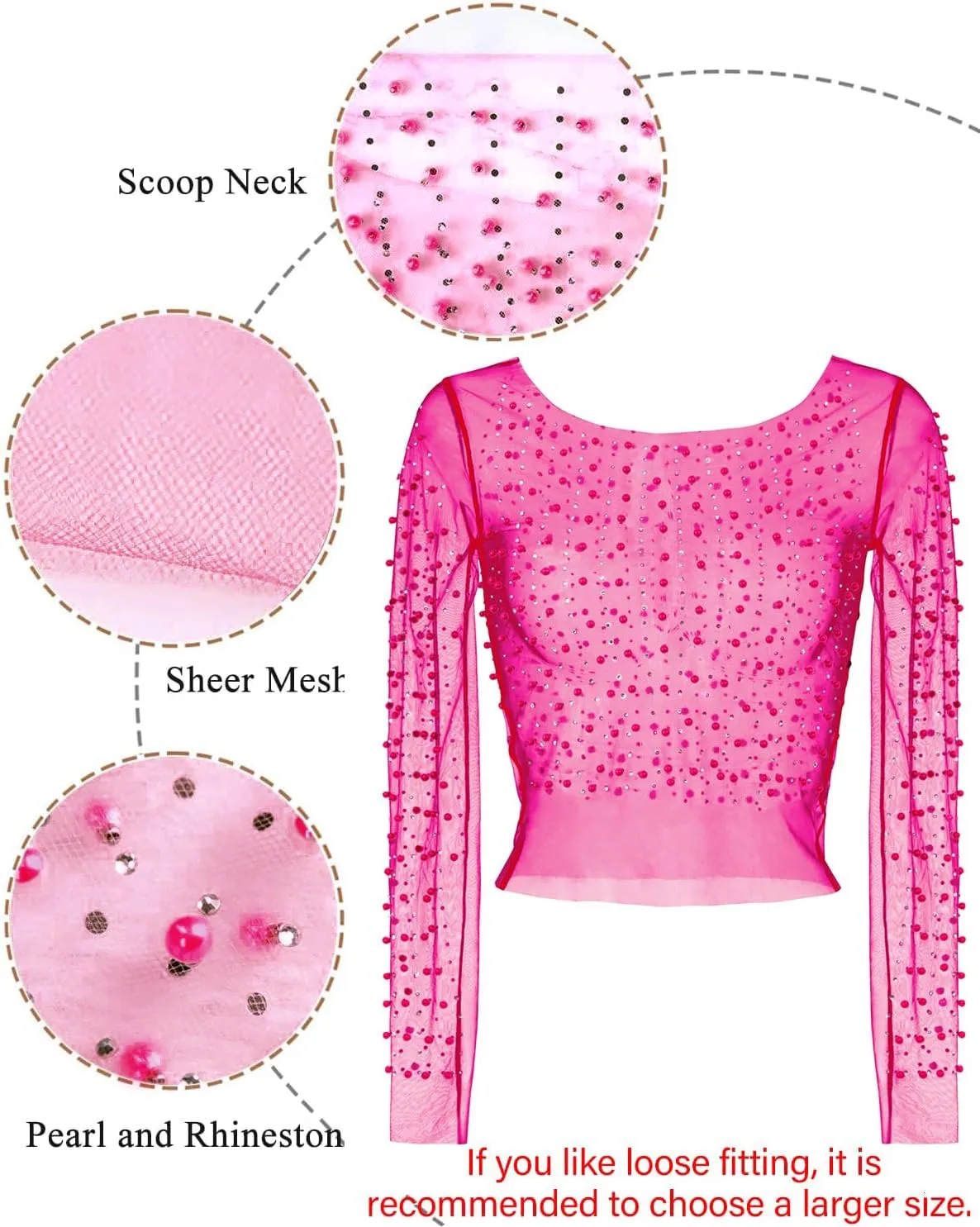 Women's Pearl Rhinestone See Through Long Sleeve Mesh Blouse One Piece Cover Up Halloween Festival Crop Top