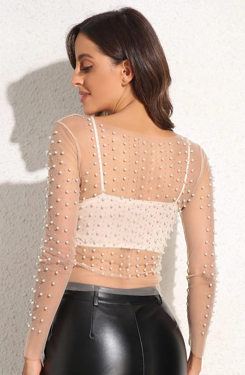 Women's Pearl Rhinestone See Through Long Sleeve Mesh Blouse One Piece Cover Up Halloween Festival Crop Top