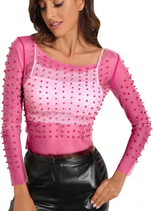 Women's Pearl Rhinestone See Through Long Sleeve Mesh Blouse One Piece Cover Up Halloween Festival Crop Top