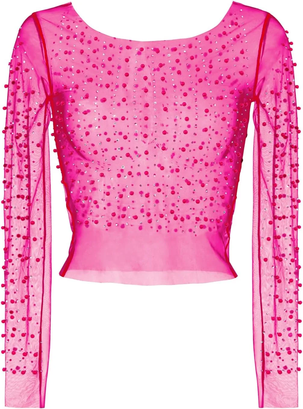 Women's Pearl Rhinestone See Through Long Sleeve Mesh Blouse One Piece Cover Up Halloween Festival Crop Top
