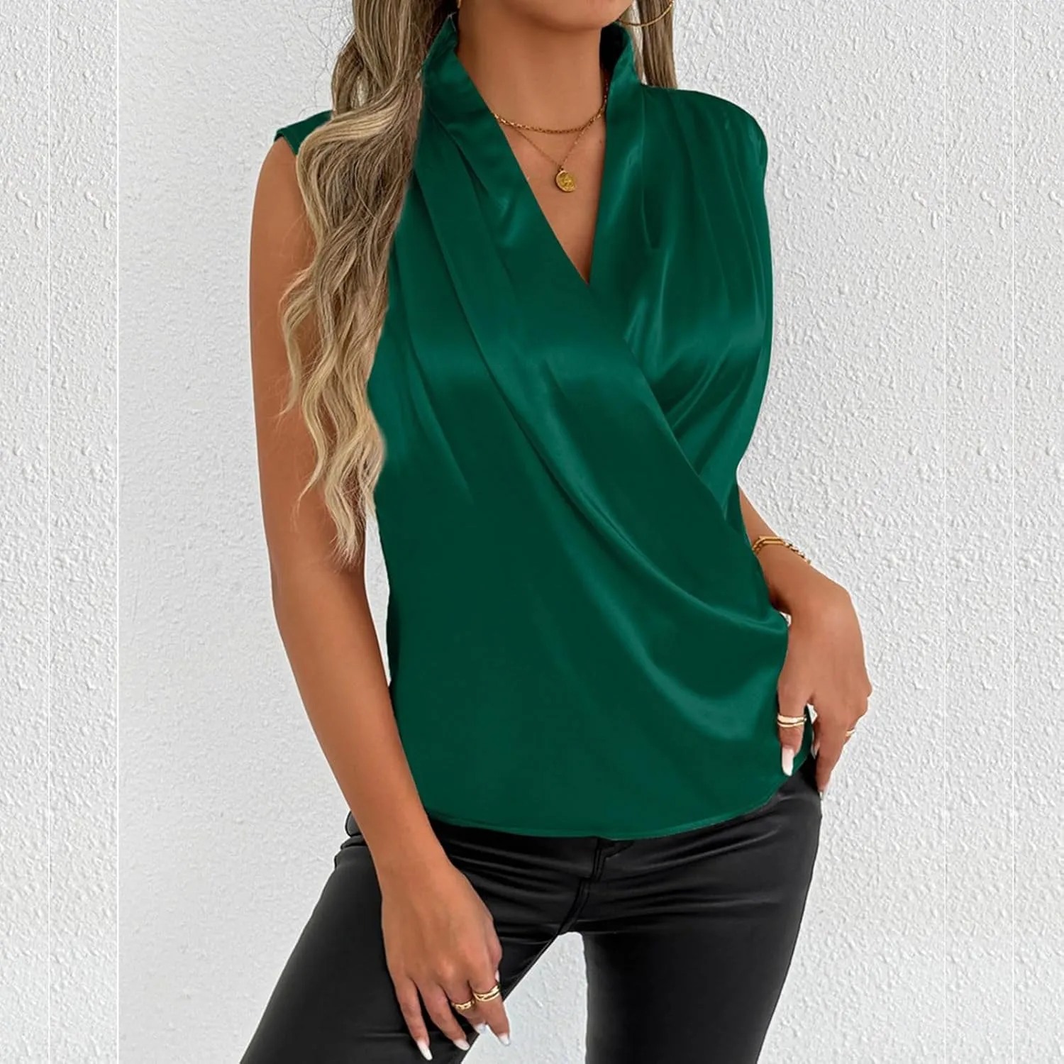 Women's Satin Silky Top 2025 Summer Cowl Neck Drape Ruched Front Sleeveless Tank Blouse Loose Comfy Shirts Tees