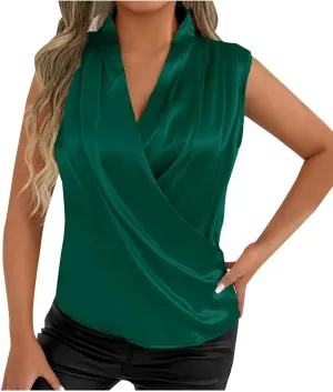 Women's Satin Silky Top 2025 Summer Cowl Neck Drape Ruched Front Sleeveless Tank Blouse Loose Comfy Shirts Tees