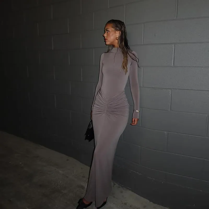 Womens Sexy Maxi Dress Long Sleeve Ruched Bodycon Turtleneck Club Party Casual Wedding Dresses
