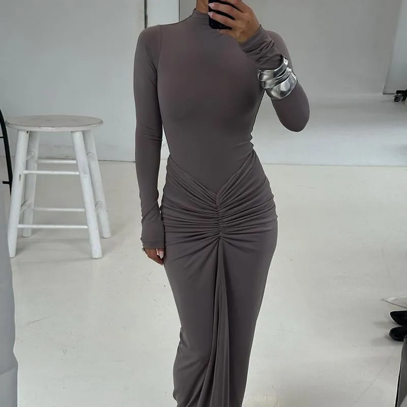 Womens Sexy Maxi Dress Long Sleeve Ruched Bodycon Turtleneck Club Party Casual Wedding Dresses