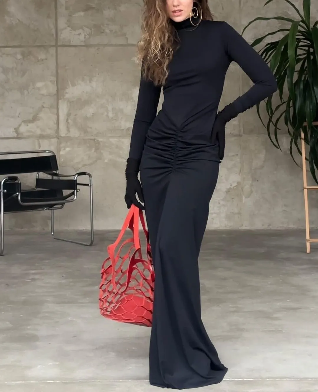 Womens Sexy Maxi Dress Long Sleeve Ruched Bodycon Turtleneck Club Party Casual Wedding Dresses