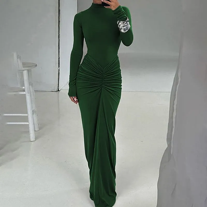 Womens Sexy Maxi Dress Long Sleeve Ruched Bodycon Turtleneck Club Party Casual Wedding Dresses