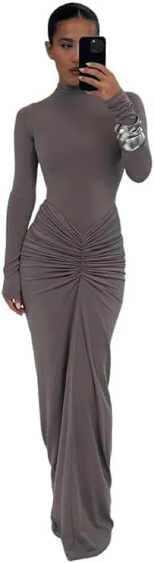 Womens Sexy Maxi Dress Long Sleeve Ruched Bodycon Turtleneck Club Party Casual Wedding Dresses