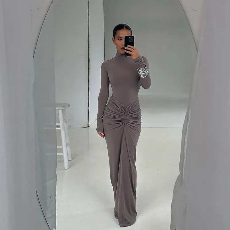 Womens Sexy Maxi Dress Long Sleeve Ruched Bodycon Turtleneck Club Party Casual Wedding Dresses