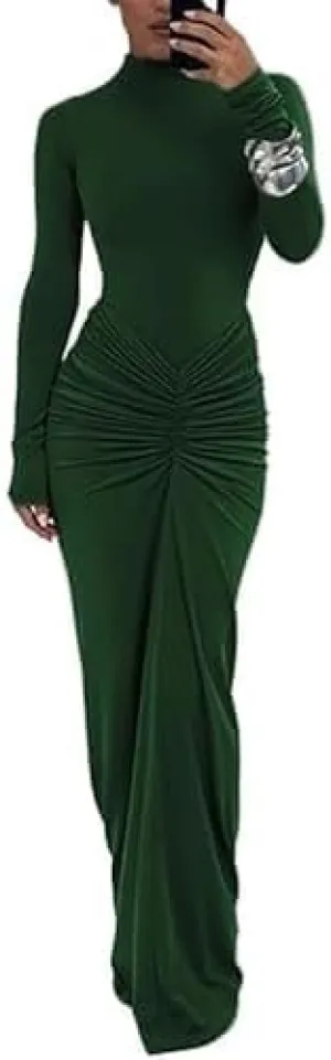 Womens Sexy Maxi Dress Long Sleeve Ruched Bodycon Turtleneck Club Party Casual Wedding Dresses