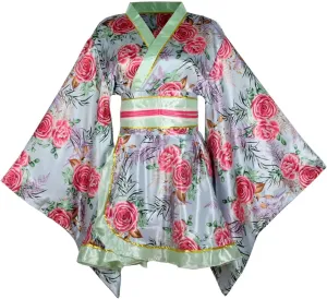 Women's Short Kimono Dress Floral Print Japanese Traditional Sexy Geisha Robe Bathrobe Skirt Belt Outfit