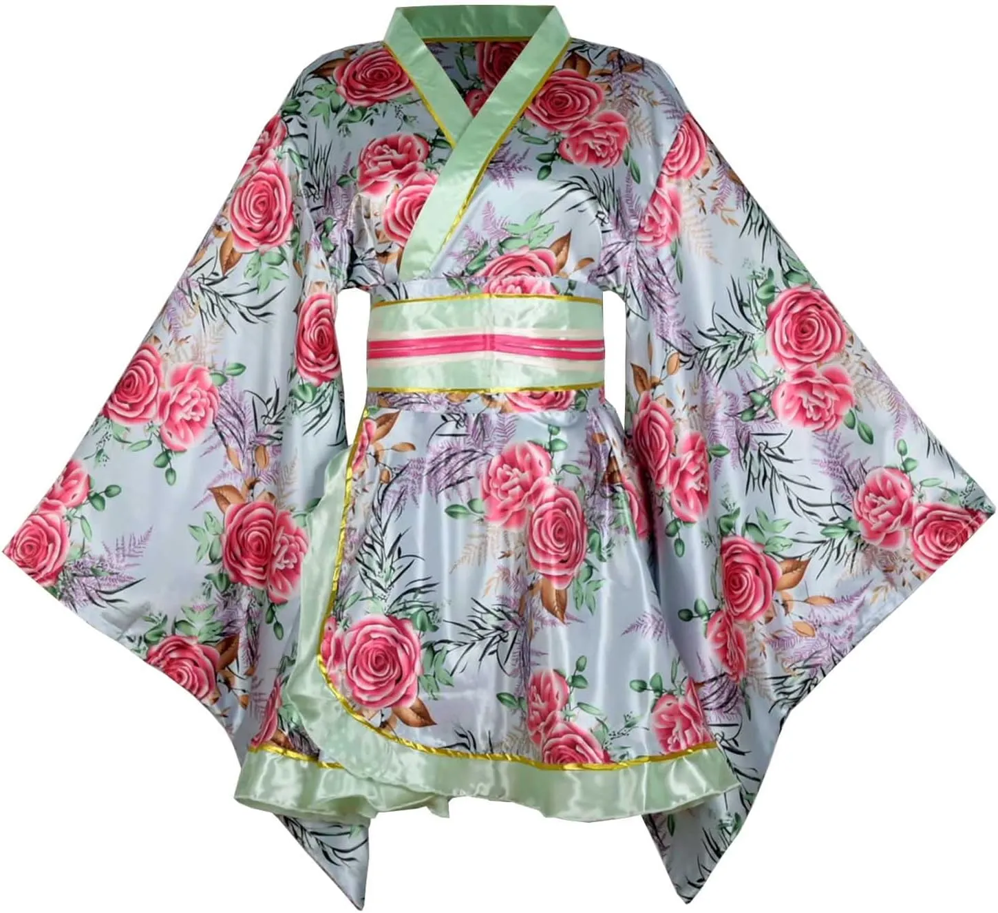 Women's Short Kimono Dress Floral Print Japanese Traditional Sexy Geisha Robe Bathrobe Skirt Belt Outfit