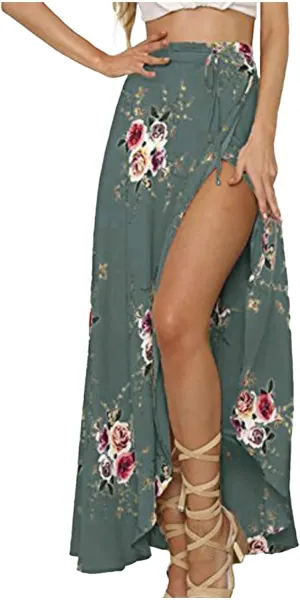 Womens Slit Skirt Floral Boho Long Skirts Tie Up Waist Summer Beach Wrap Cover Up Maxi Skirt Sexy Holiday Party Dresses