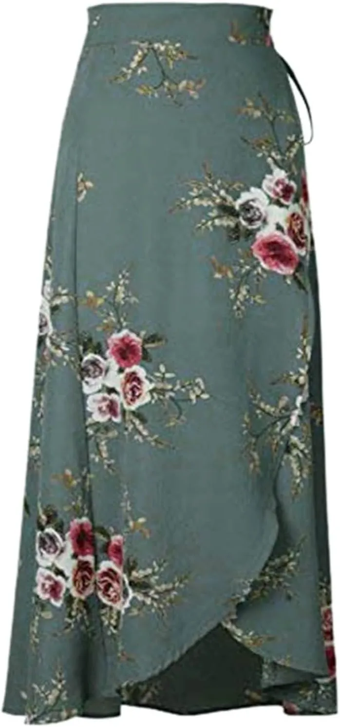 Womens Slit Skirt Floral Boho Long Skirts Tie Up Waist Summer Beach Wrap Cover Up Maxi Skirt Sexy Holiday Party Dresses