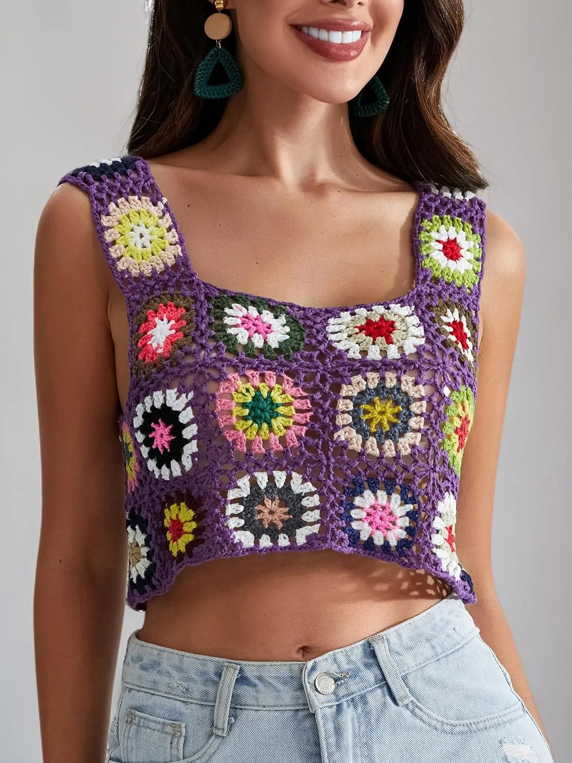 X-Small Size & Small Size Womens Crochet Tank Top Knit Colorful Floral Embroidery Summer Boho Camisole Hollow Out Top