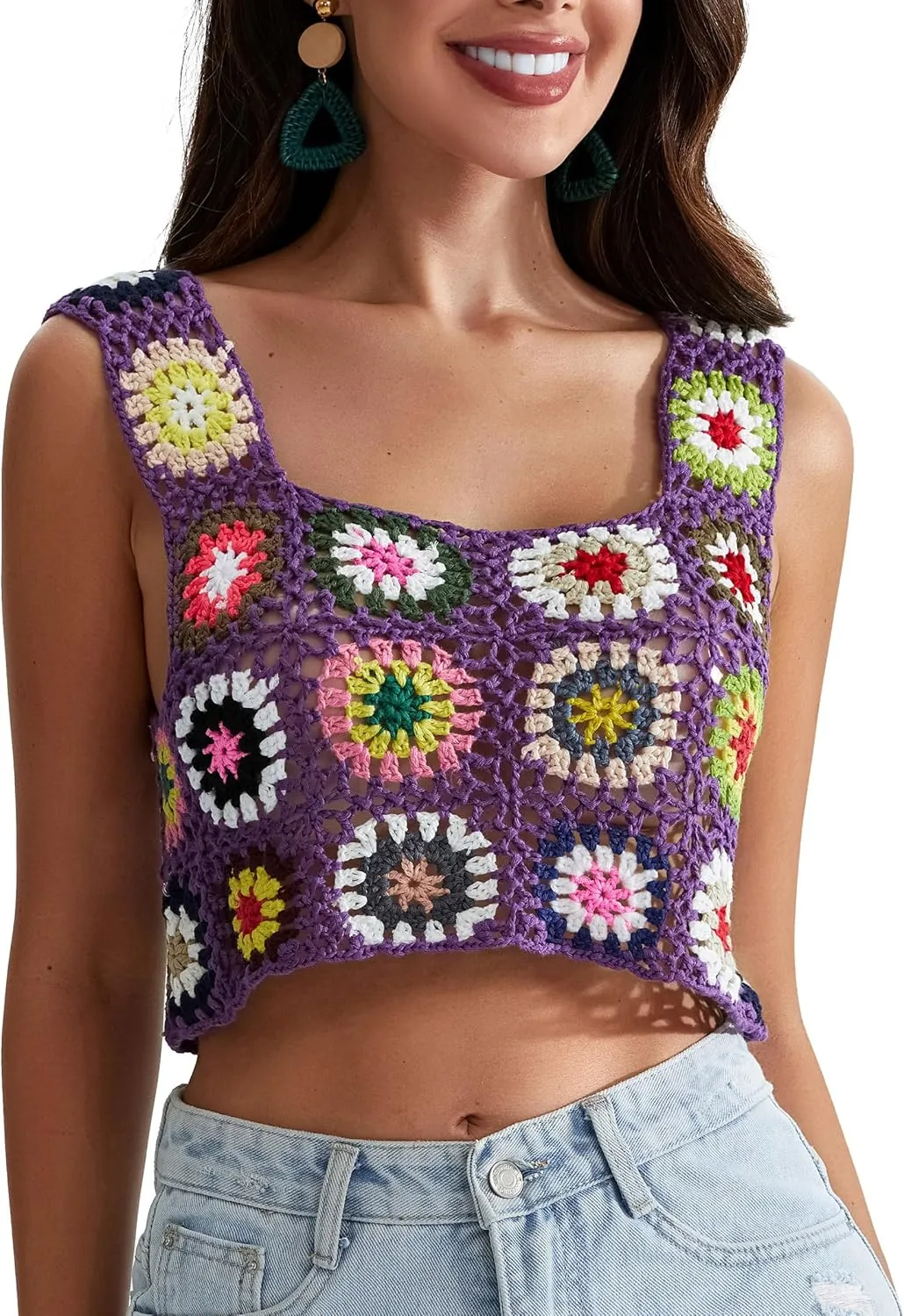X-Small Size & Small Size Womens Crochet Tank Top Knit Colorful Floral Embroidery Summer Boho Camisole Hollow Out Top