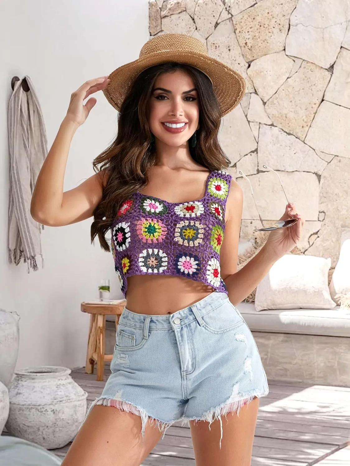 X-Small Size & Small Size Womens Crochet Tank Top Knit Colorful Floral Embroidery Summer Boho Camisole Hollow Out Top