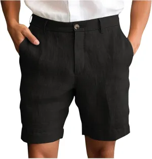 Xiaojmake Mens Linen Short Solid Summer Flat Front Casual Bermuda Shorts Button High Waisted Pleated Dress Short with Pockets