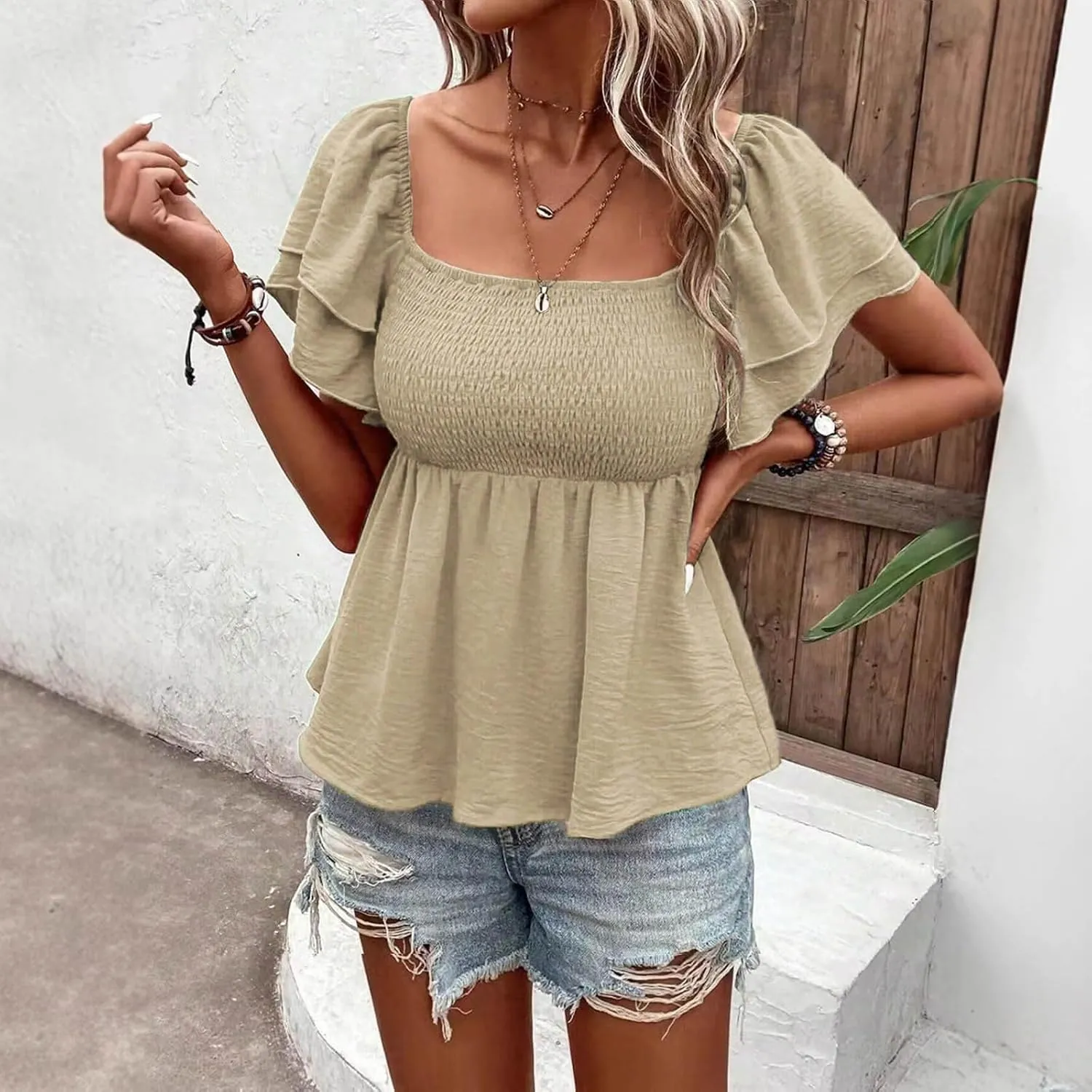 Xiaojmake Womens Summer Peplum Tops Square Neck Ruffle Trim Short Sleeve Shirred Babydoll Blouse Smocked Dressy Casual Shirts