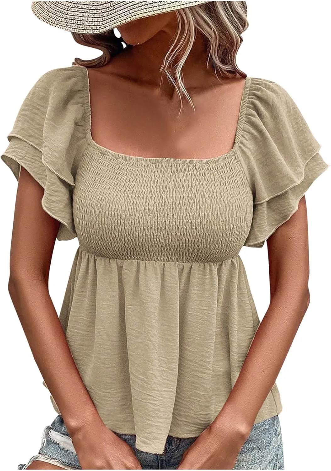 Xiaojmake Womens Summer Peplum Tops Square Neck Ruffle Trim Short Sleeve Shirred Babydoll Blouse Smocked Dressy Casual Shirts
