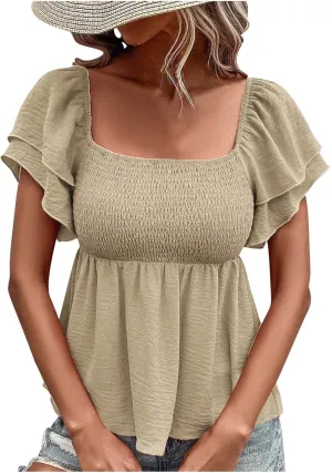 Xiaojmake Womens Summer Peplum Tops Square Neck Ruffle Trim Short Sleeve Shirred Babydoll Blouse Smocked Dressy Casual Shirts