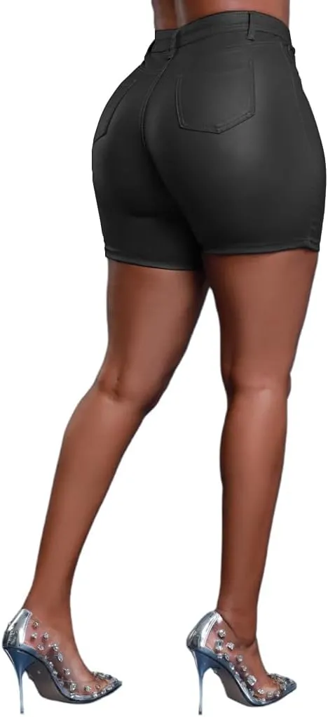 Zebaexf Women Sexy Leather Legging Shorts High Waist Faux Leg Stretchy Shorts PU Leather Pants