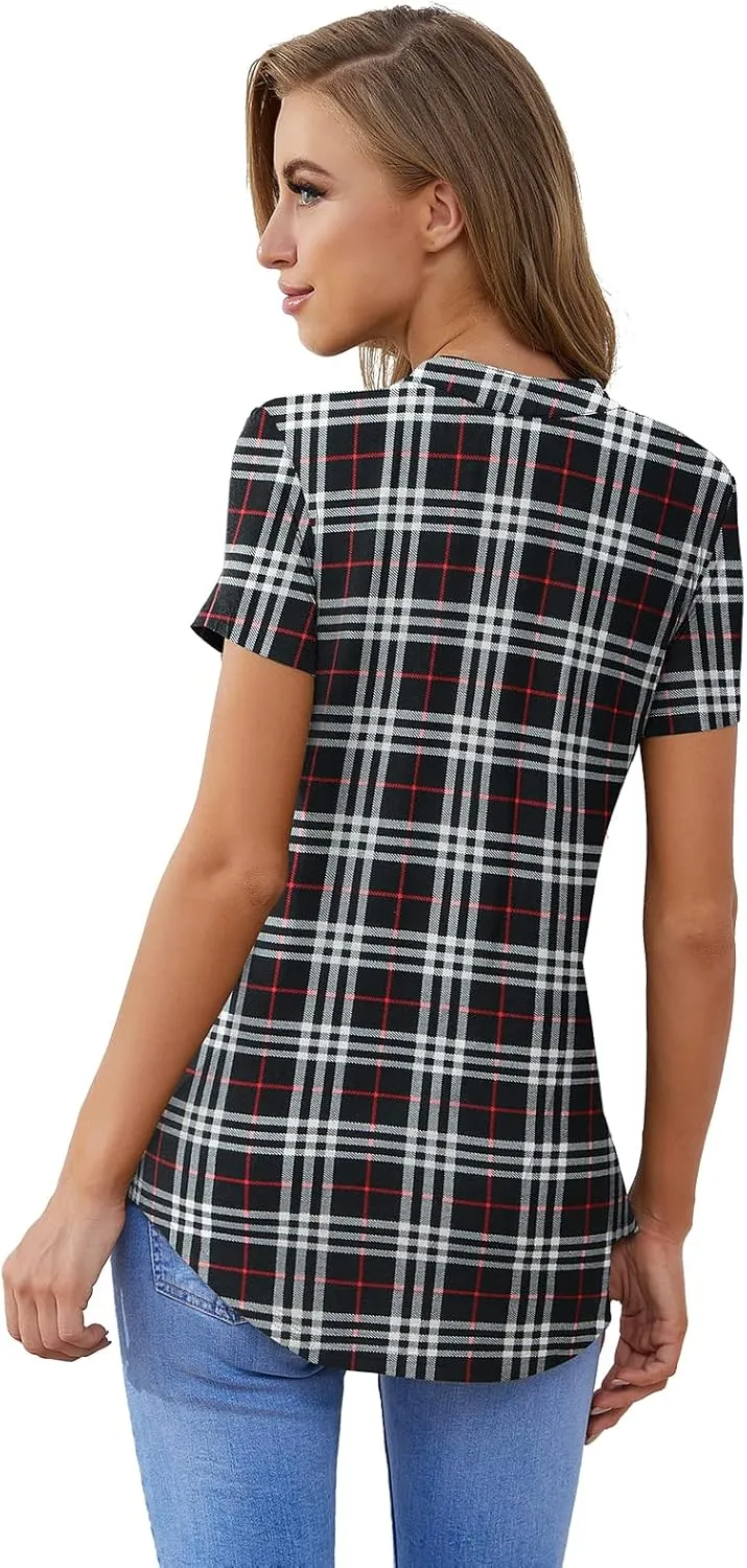 ZENNILO Women's Shirt Zip Plaid V Neck Short Sleeve Casual Summer Tunic Tops