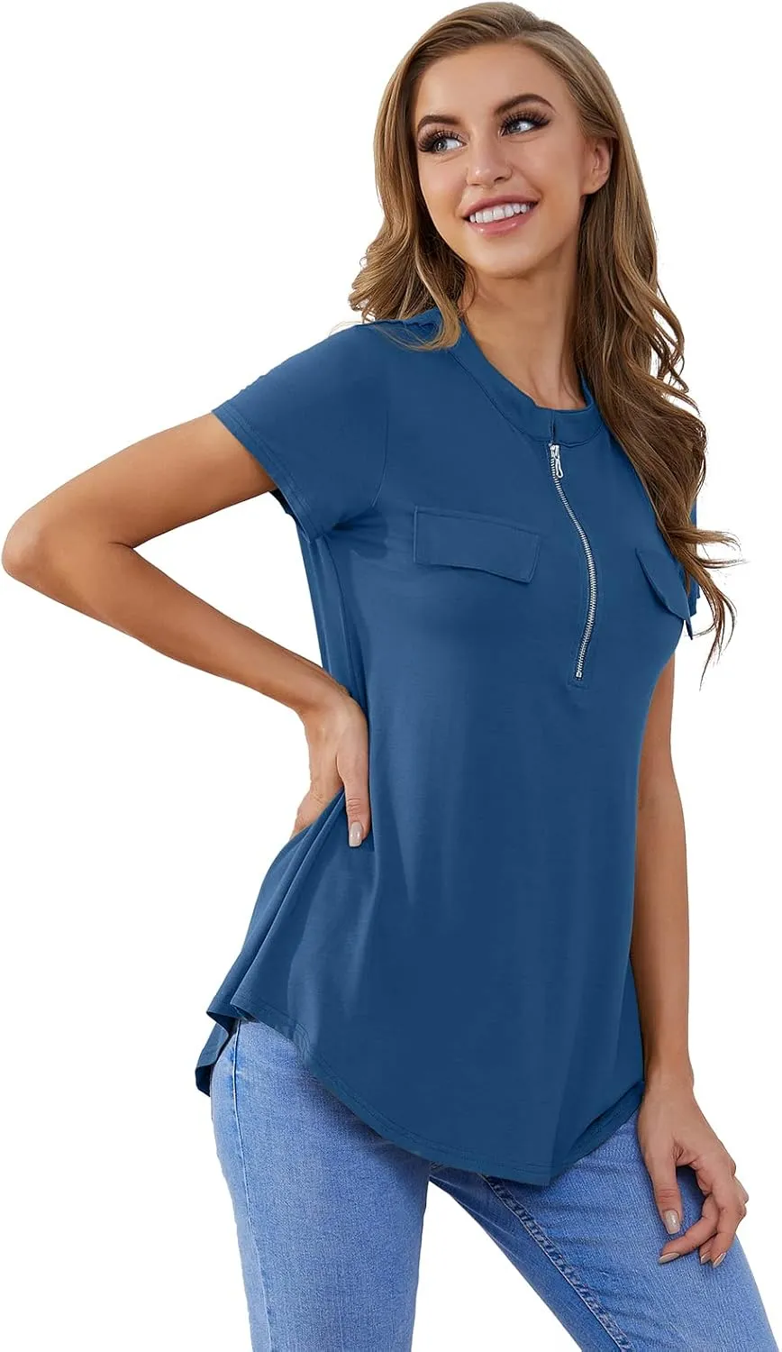 ZENNILO Women's Shirt Zip Plaid V Neck Short Sleeve Casual Summer Tunic Tops