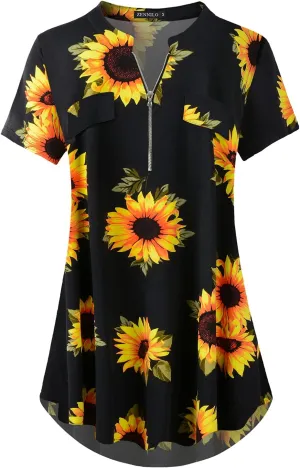 ZENNILO Women's Shirt Zip Plaid V Neck Short Sleeve Casual Summer Tunic Tops
