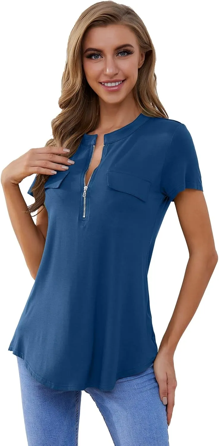 ZENNILO Women's Shirt Zip Plaid V Neck Short Sleeve Casual Summer Tunic Tops