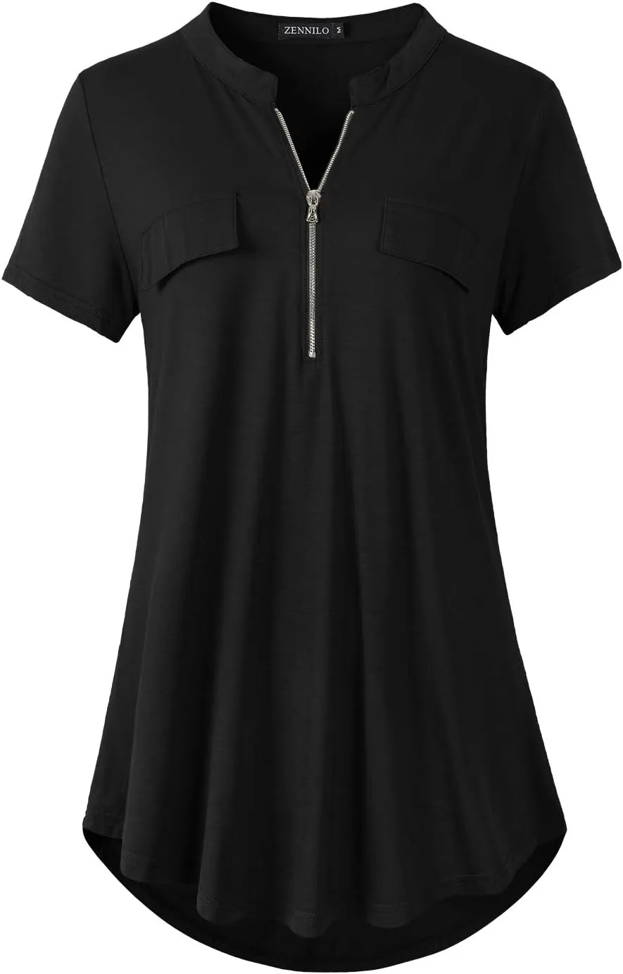 ZENNILO Women's Shirt Zip Plaid V Neck Short Sleeve Casual Summer Tunic Tops