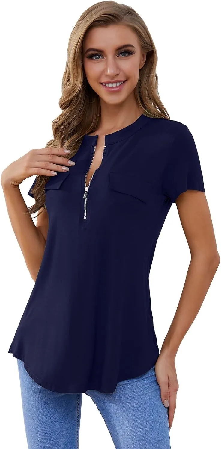 ZENNILO Women's Shirt Zip Plaid V Neck Short Sleeve Casual Summer Tunic Tops