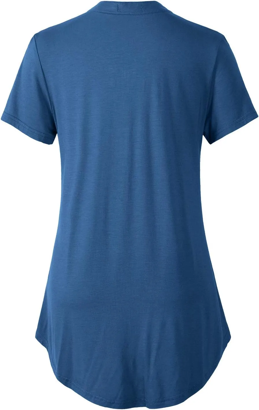 ZENNILO Women's Shirt Zip Plaid V Neck Short Sleeve Casual Summer Tunic Tops
