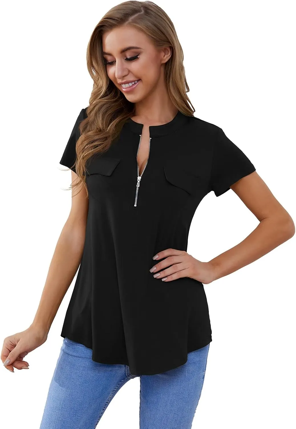 ZENNILO Women's Shirt Zip Plaid V Neck Short Sleeve Casual Summer Tunic Tops