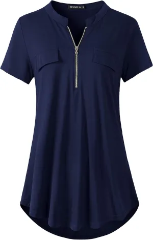 ZENNILO Women's Shirt Zip Plaid V Neck Short Sleeve Casual Summer Tunic Tops