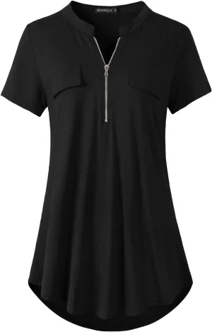 ZENNILO Women's Shirt Zip Plaid V Neck Short Sleeve Casual Summer Tunic Tops