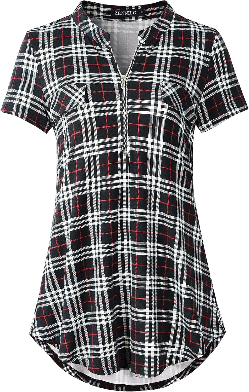 ZENNILO Women's Shirt Zip Plaid V Neck Short Sleeve Casual Summer Tunic Tops