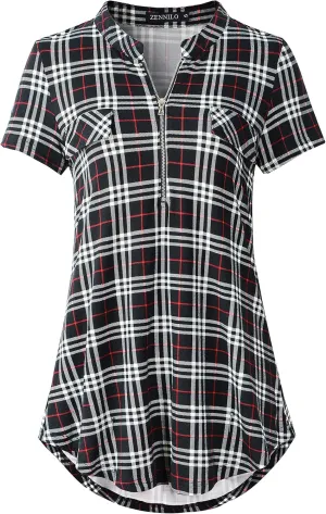 ZENNILO Women's Shirt Zip Plaid V Neck Short Sleeve Casual Summer Tunic Tops