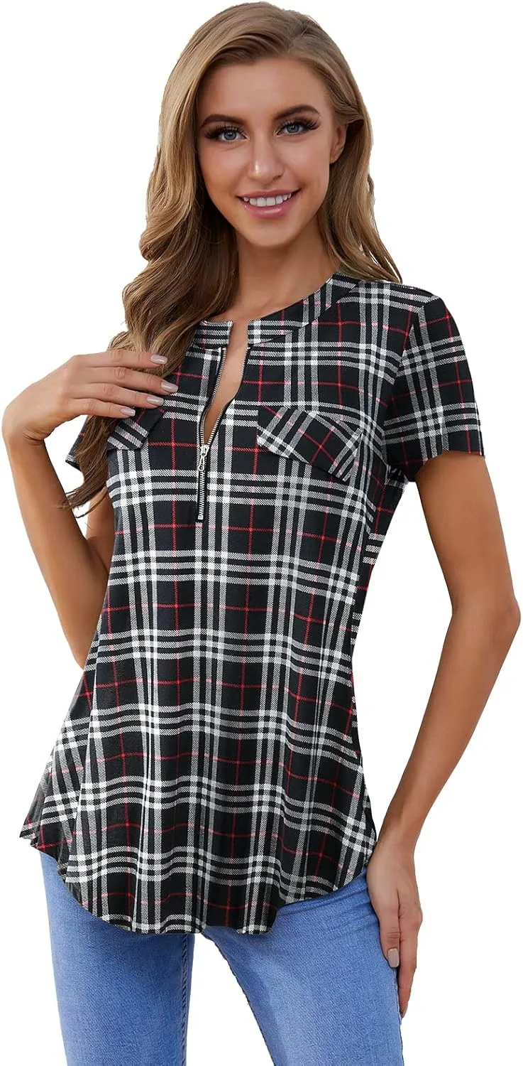 ZENNILO Women's Shirt Zip Plaid V Neck Short Sleeve Casual Summer Tunic Tops