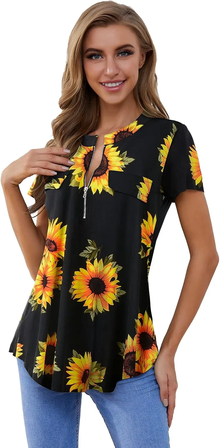 ZENNILO Women's Shirt Zip Plaid V Neck Short Sleeve Casual Summer Tunic Tops