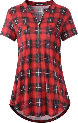 ZENNILO Women's Shirt Zip Plaid V Neck Short Sleeve Casual Summer Tunic Tops