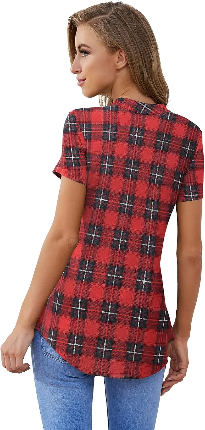 ZENNILO Women's Shirt Zip Plaid V Neck Short Sleeve Casual Summer Tunic Tops