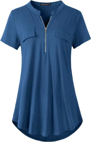 ZENNILO Women's Shirt Zip Plaid V Neck Short Sleeve Casual Summer Tunic Tops
