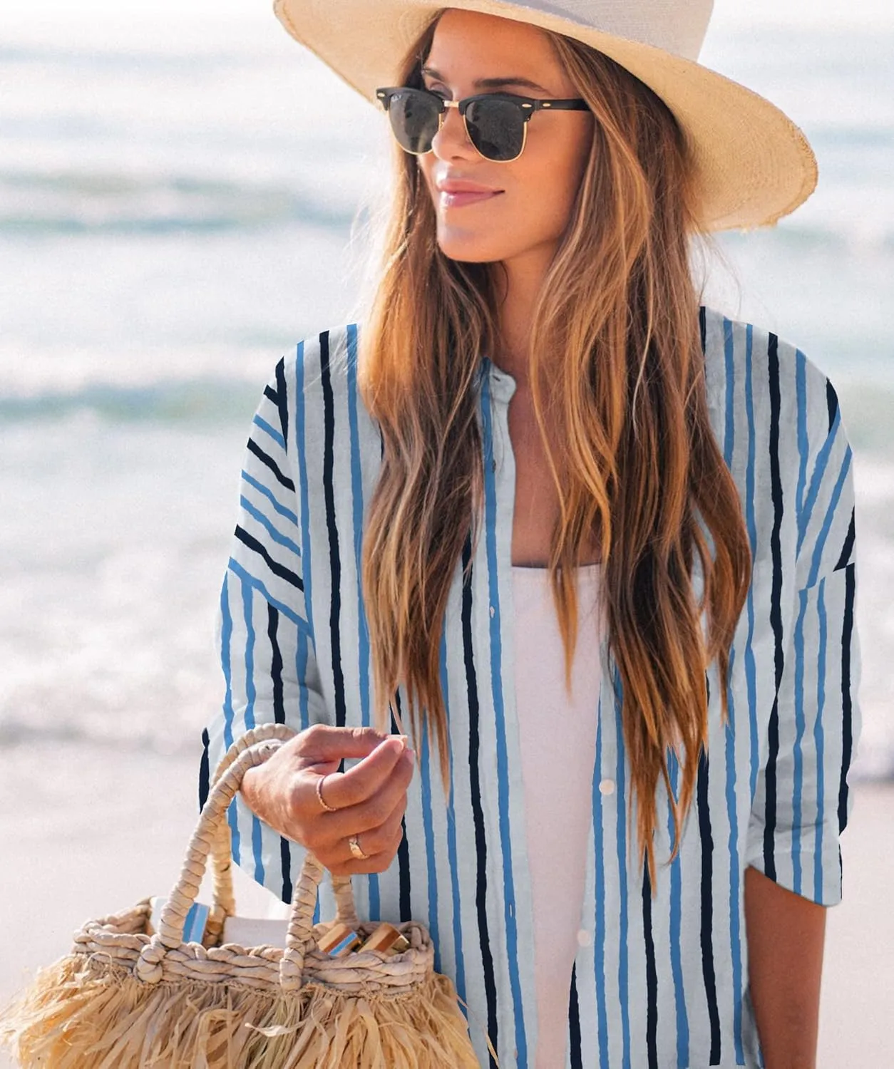 Zoye Chen Womens Bikini Swimsuit Cover Up Button Down V Neck Shirts Long Sleeve Blouse Beachwear Bathing Suit