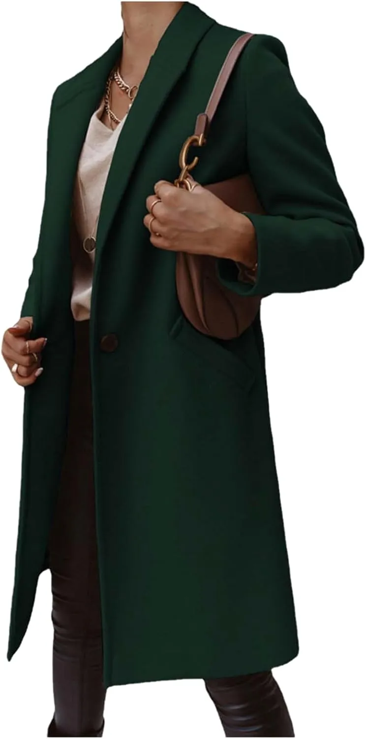 ZWRXW Womens Fall Winter Woolen Coat Trendy Loose Elegant Lapel Trench Classy Solid Button Work Long Jacket with Pocket