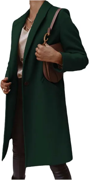 ZWRXW Womens Fall Winter Woolen Coat Trendy Loose Elegant Lapel Trench Classy Solid Button Work Long Jacket with Pocket