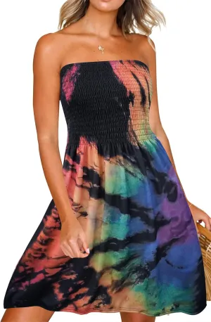 Zyyfly Strapless Dress for Women Summer Beach Boho Smocked Tube Top Dress