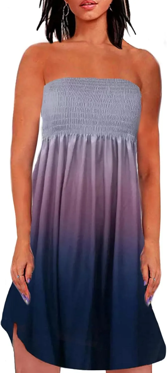 Zyyfly Strapless Dress for Women Summer Beach Boho Smocked Tube Top Dress